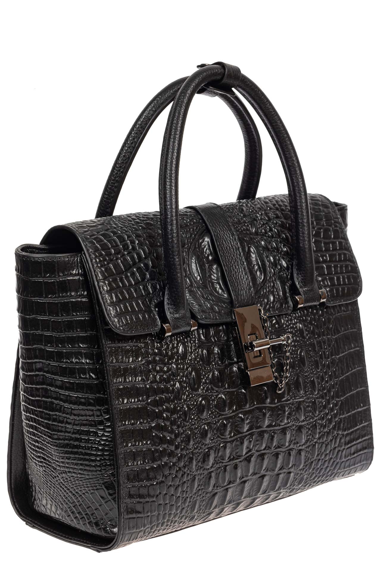 На фото 1 - Женская кожаная сумка с фактурой крокодила и подвеской, цвет чёрный