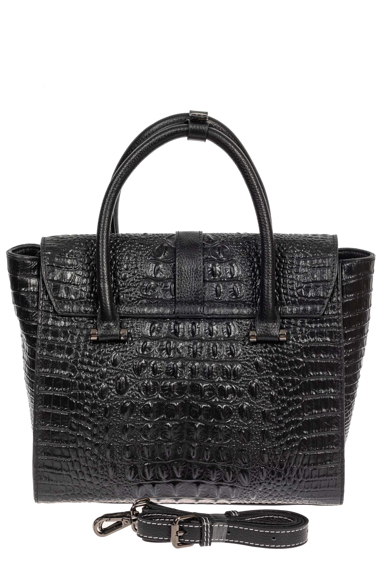 На фото 3 - Женская кожаная сумка с фактурой крокодила и подвеской, цвет чёрный