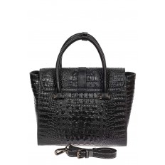 На фото 3 - Женская кожаная сумка с фактурой крокодила и подвеской, цвет чёрный