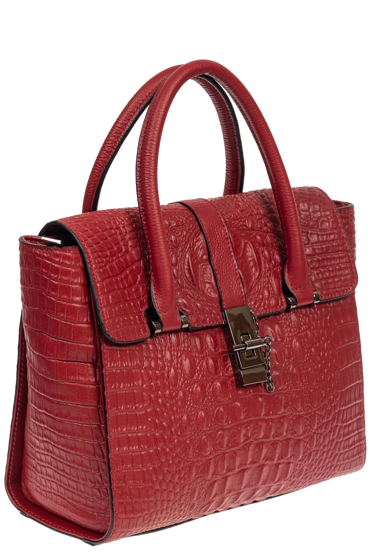 На фото 1 - Женская кожаная сумка с фактурой крокодила и подвеской, цвет бордовый