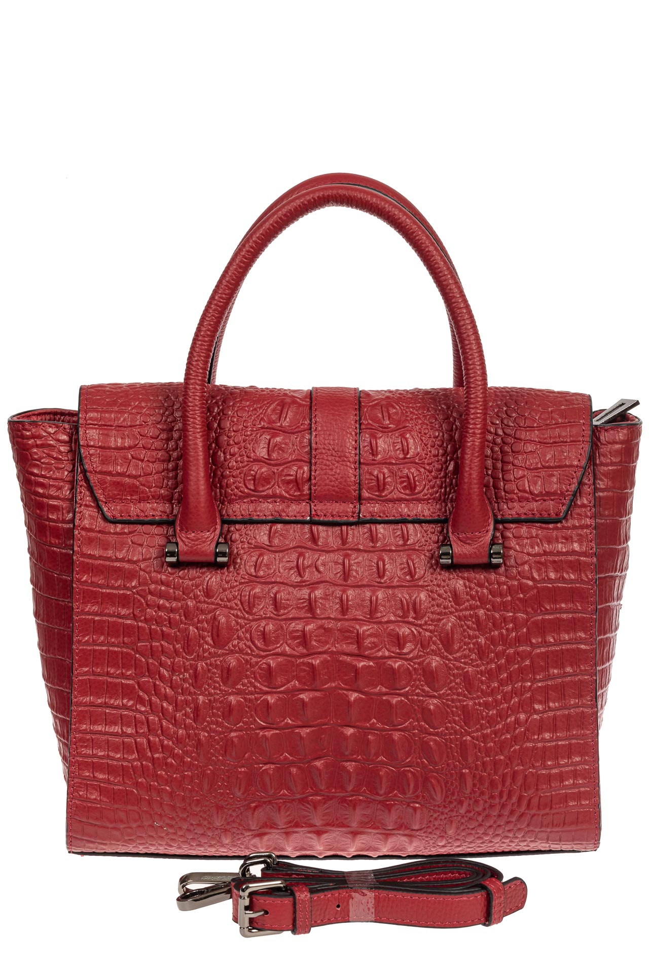 На фото 3 - Женская кожаная сумка с фактурой крокодила и подвеской, цвет бордовый