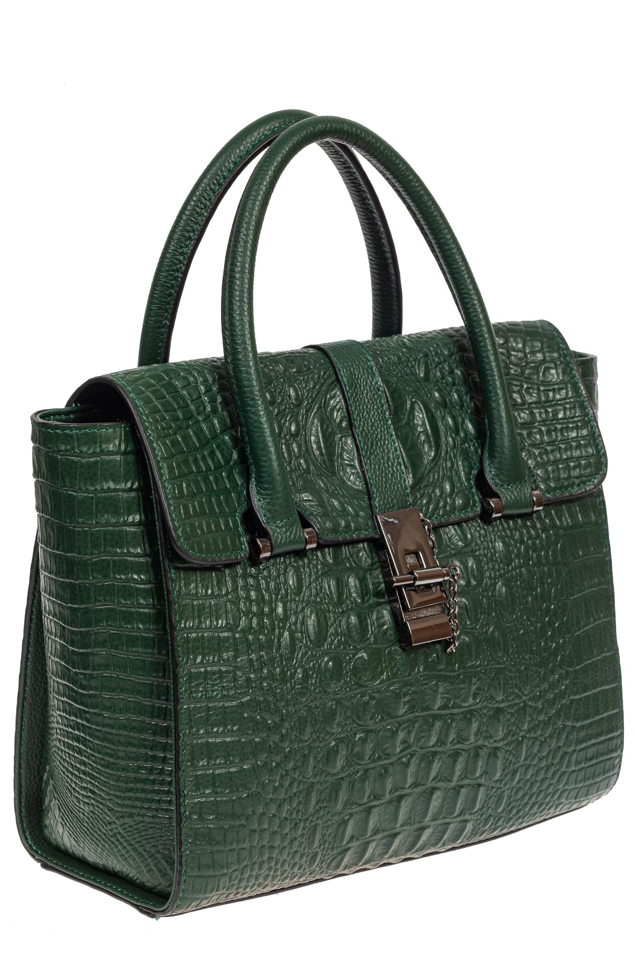 На фото 1 - Женская кожаная сумка с фактурой крокодила и подвеской, цвет зелёный