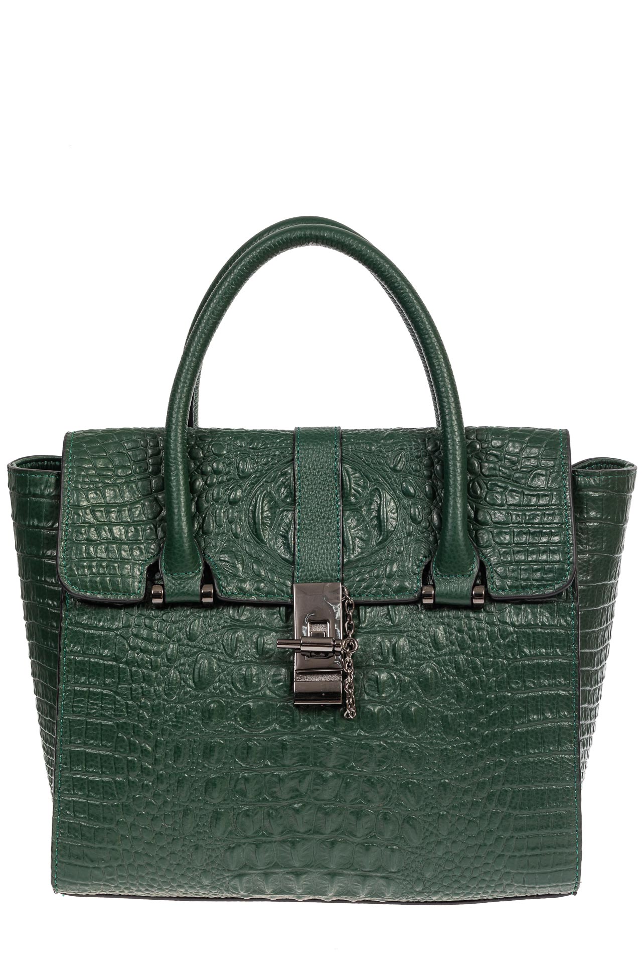 На фото 2 - Женская кожаная сумка с фактурой крокодила и подвеской, цвет зелёный