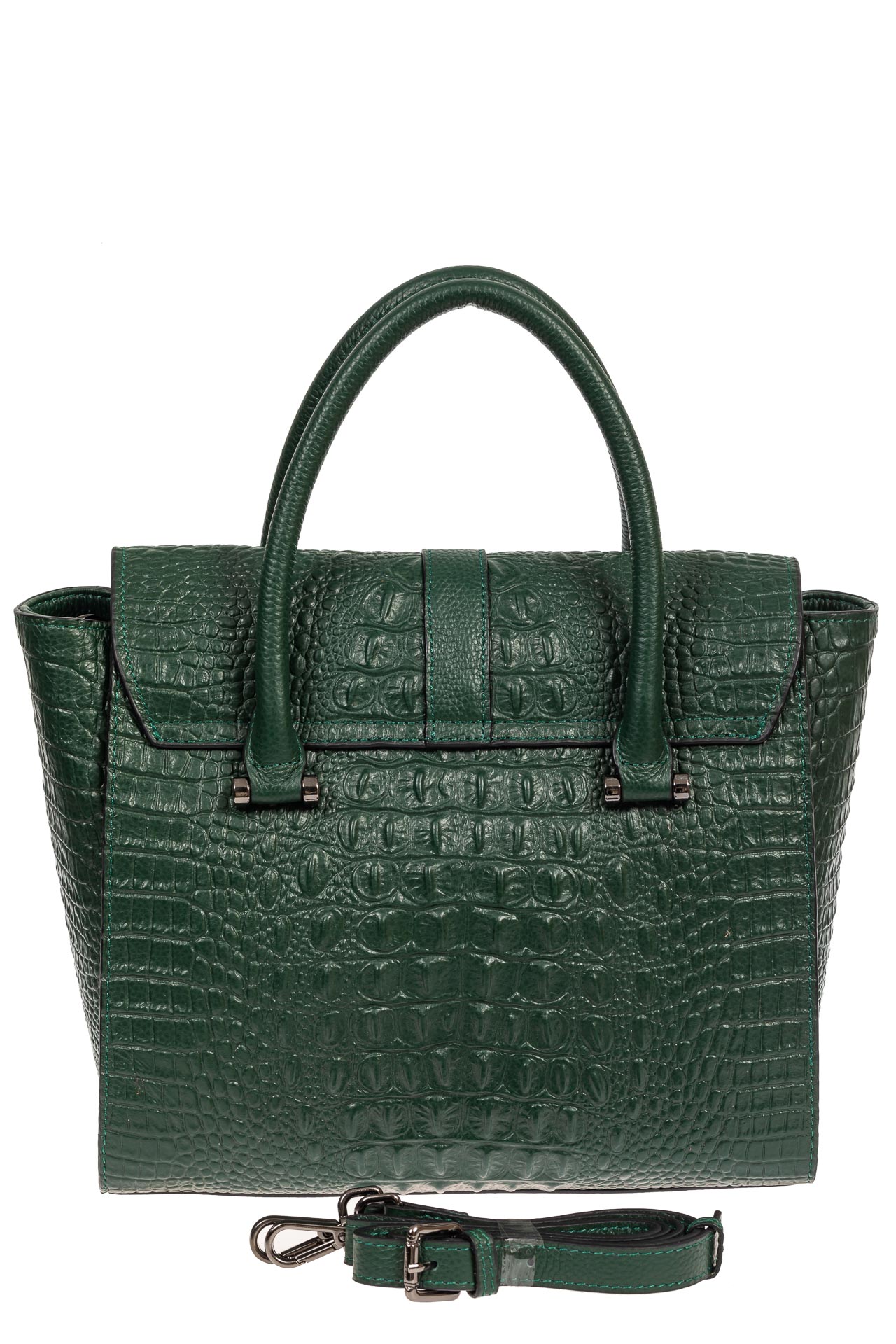 На фото 3 - Женская кожаная сумка с фактурой крокодила и подвеской, цвет зелёный