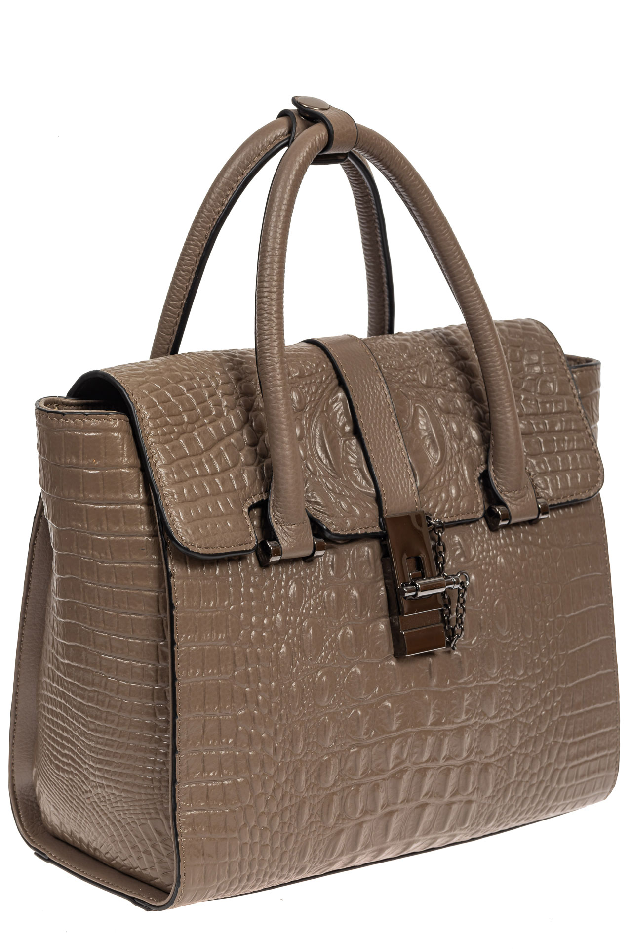 На фото 1 - Женская кожаная сумка с фактурой крокодила и подвеской, цвет какао