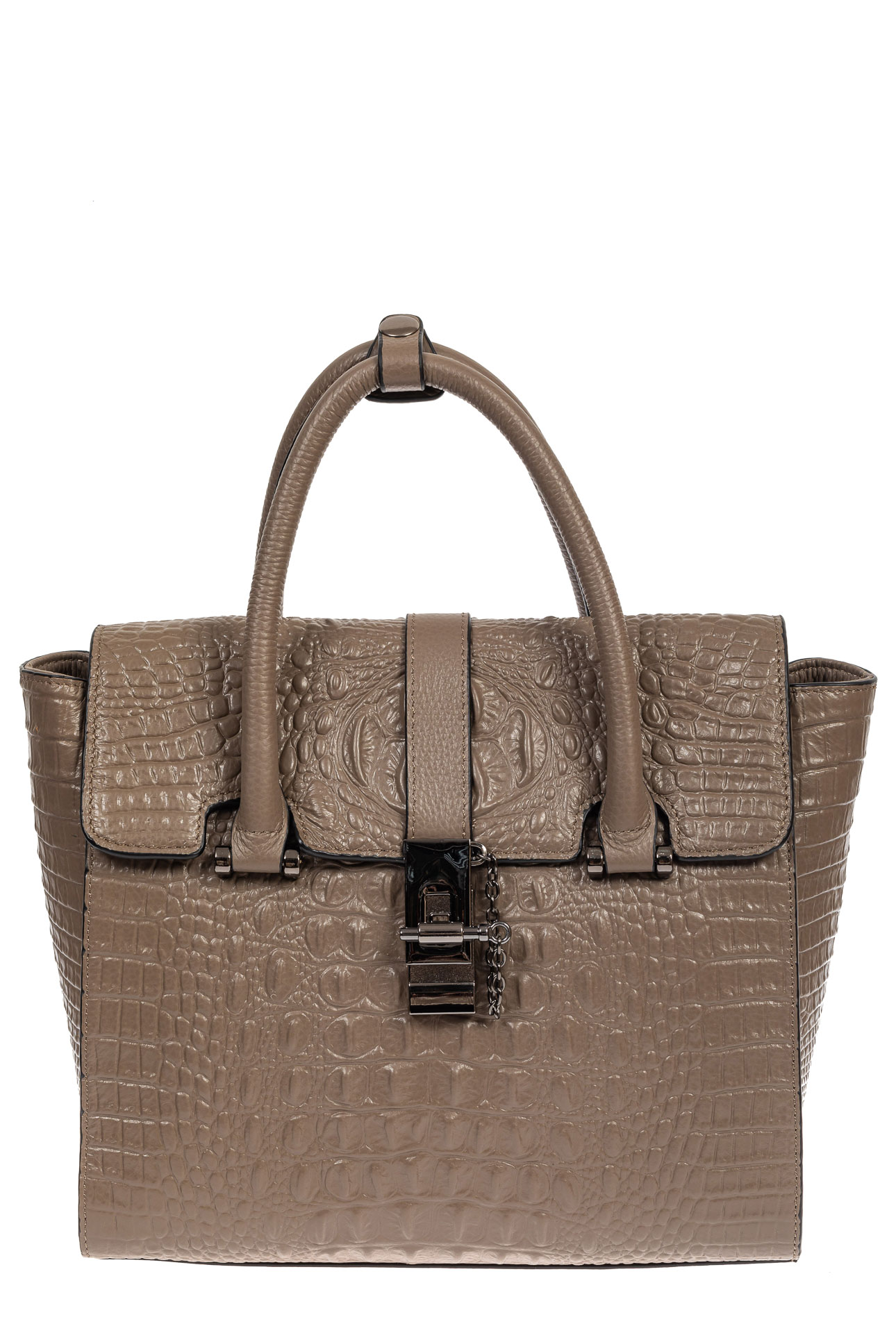 На фото 2 - Женская кожаная сумка с фактурой крокодила и подвеской, цвет какао