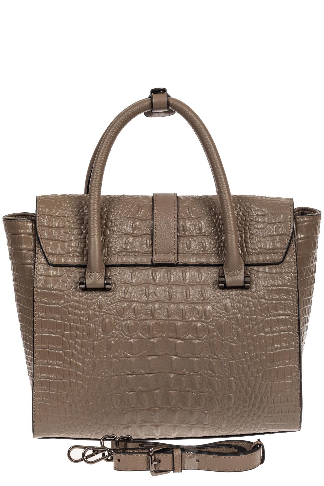 На фото 3 - Женская кожаная сумка с фактурой крокодила и подвеской, цвет какао