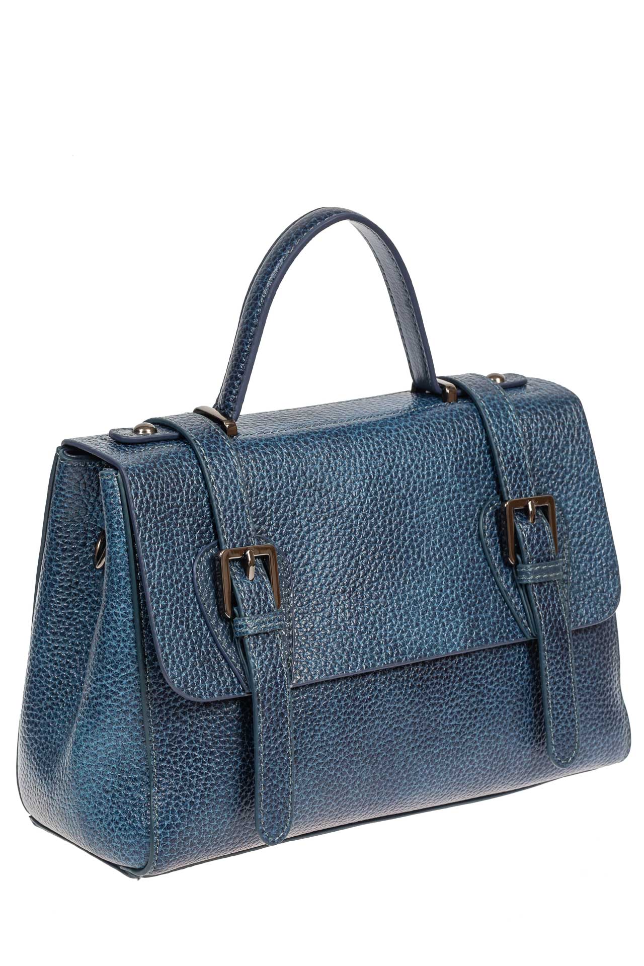 На фото 1 - Женская сумка сэтчел из фактурной натуральной кожи, цвет синий