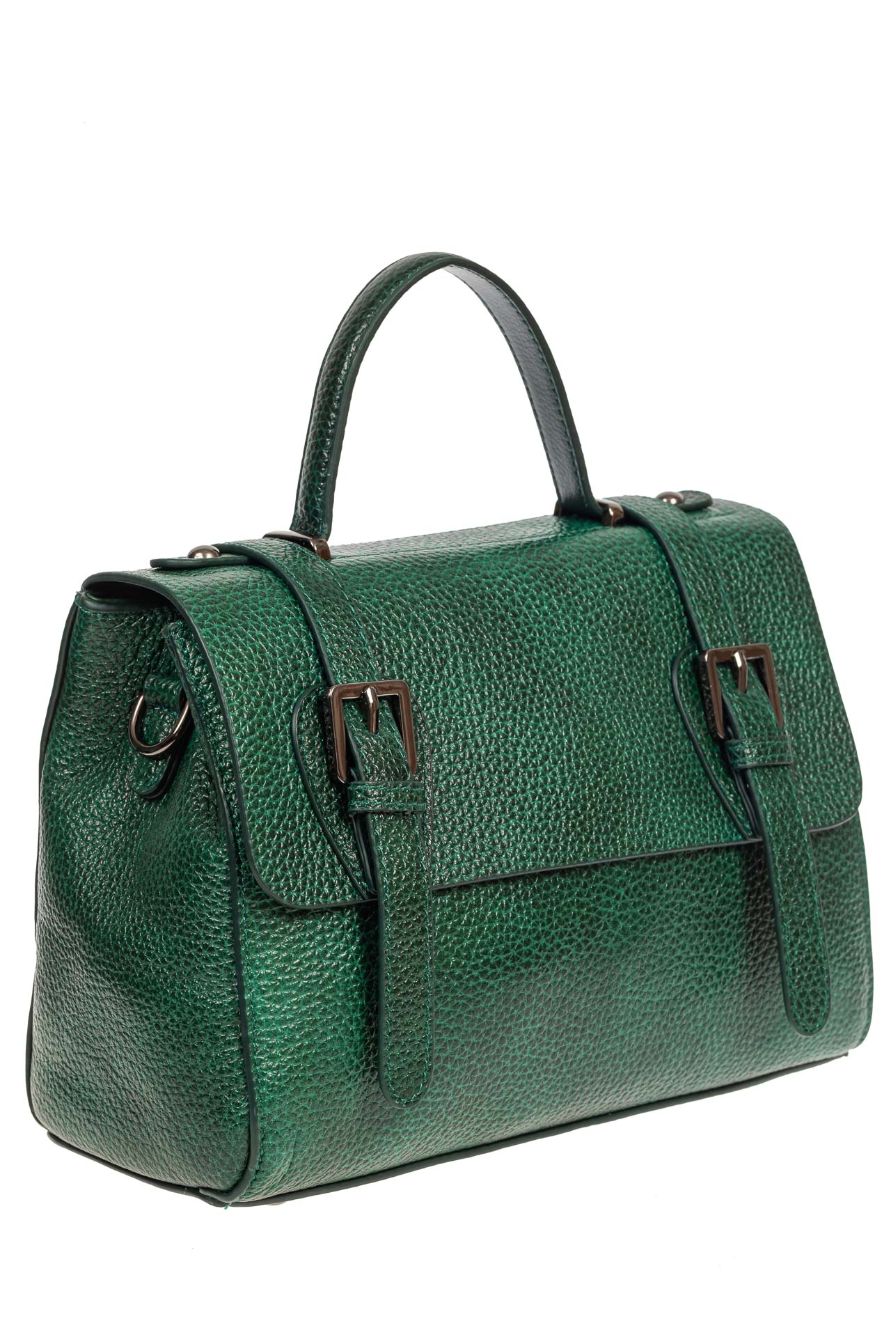 На фото 1 - Женская сумка сэтчел из фактурной натуральной кожи, цвет зелёный