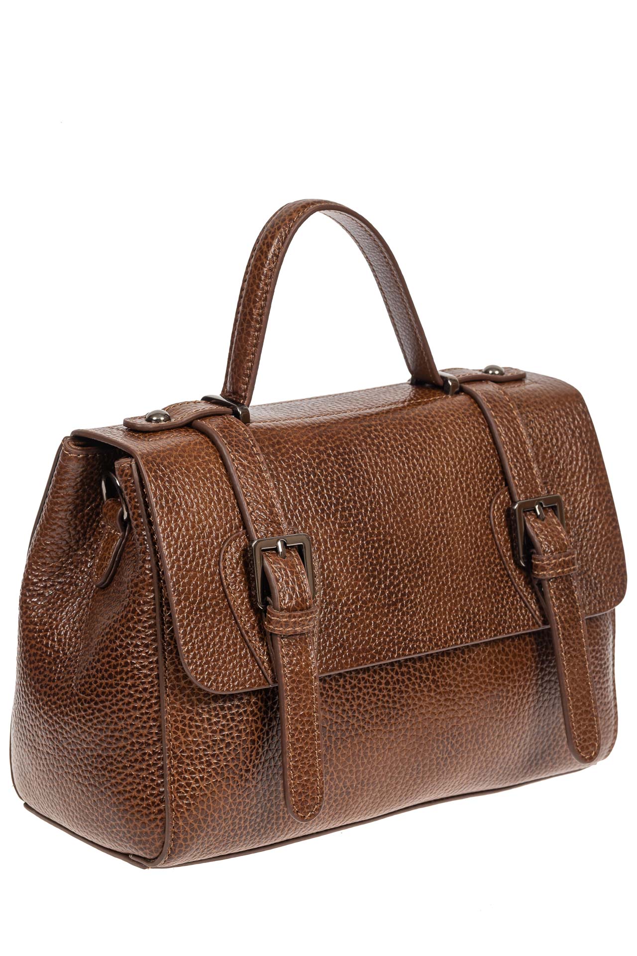 На фото 1 - Женская сумка сэтчел из фактурной натуральной кожи, цвет коричневый