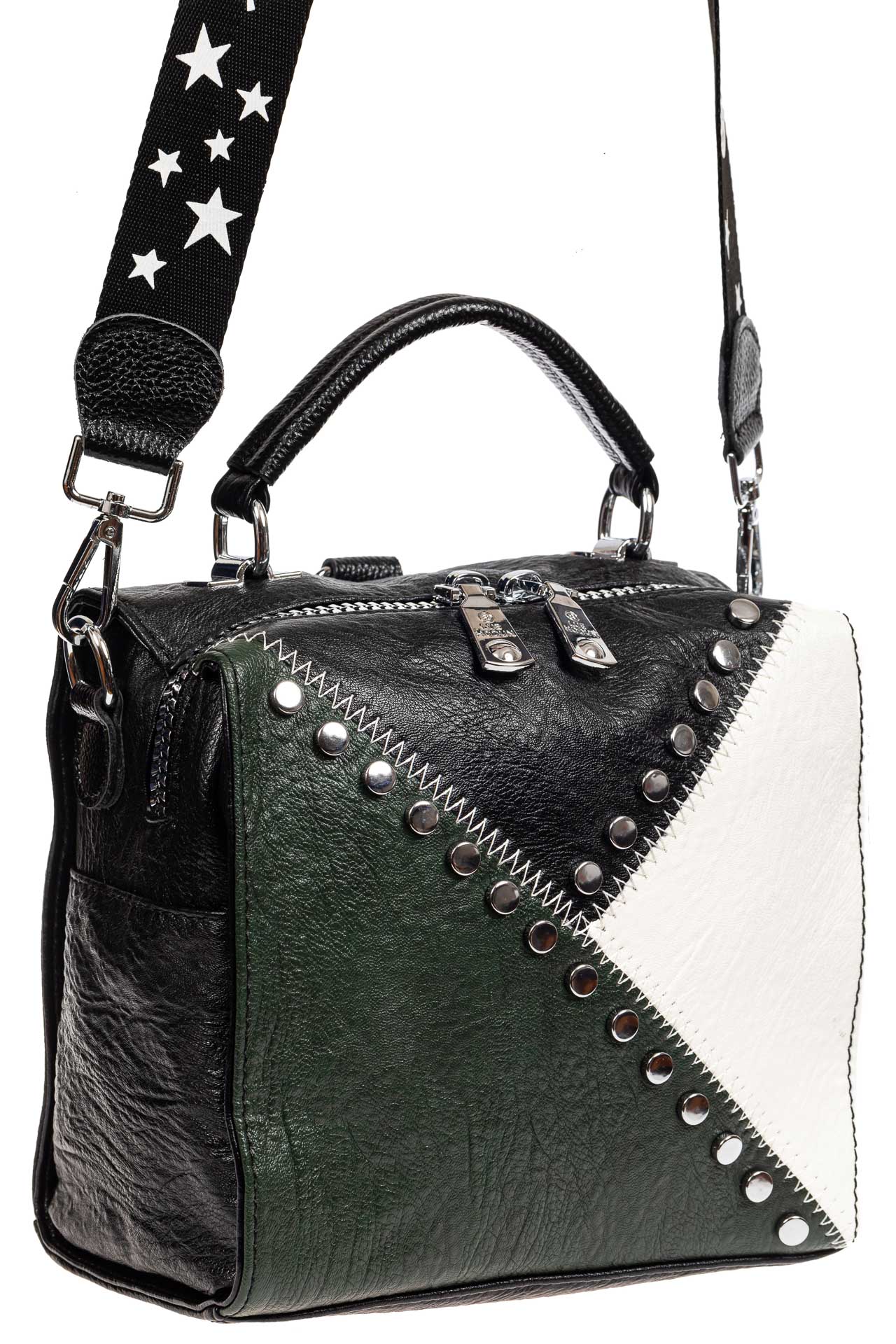 На фото 1 - Квадратная сумка-рюкзак из эко-кожи, цвет зеленый