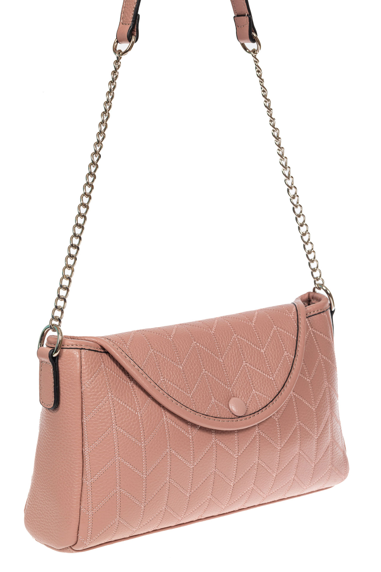 На фото 1 - Женская сумка багет из натуральной кожи с геометрической прострочкой, цвет пыльная роза