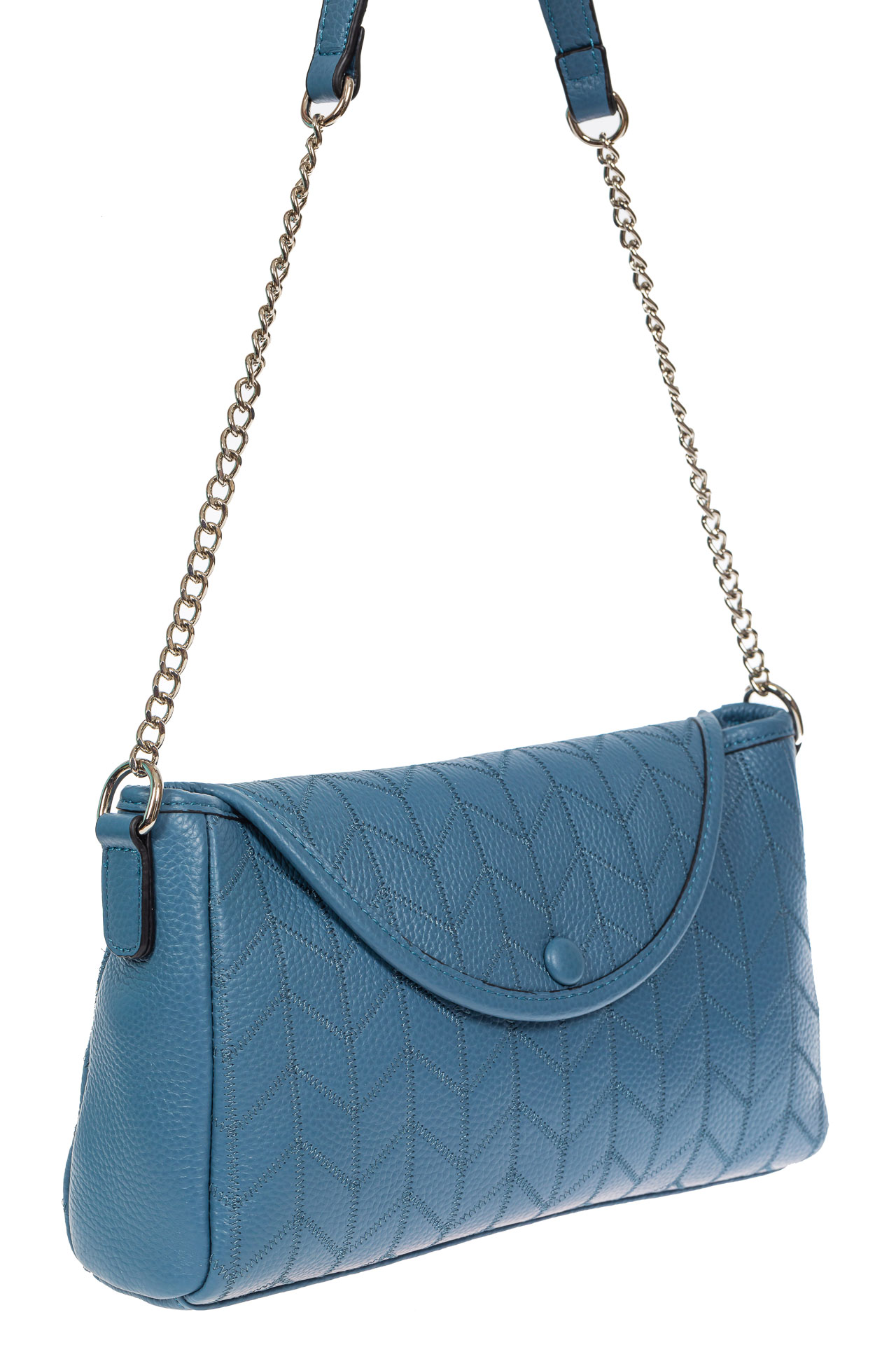 На фото 1 - Женская сумка багет из натуральной кожи с геометрической прострочкой, цвет голубой