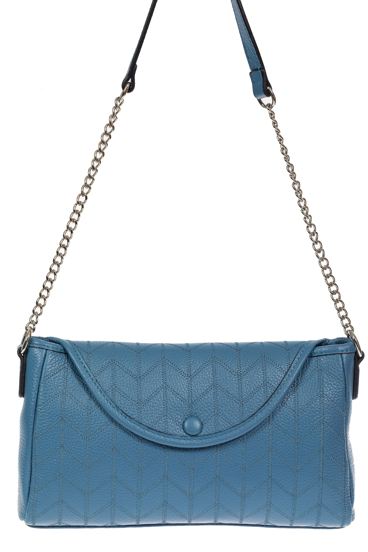 На фото 2 - Женская сумка багет из натуральной кожи с геометрической прострочкой, цвет голубой