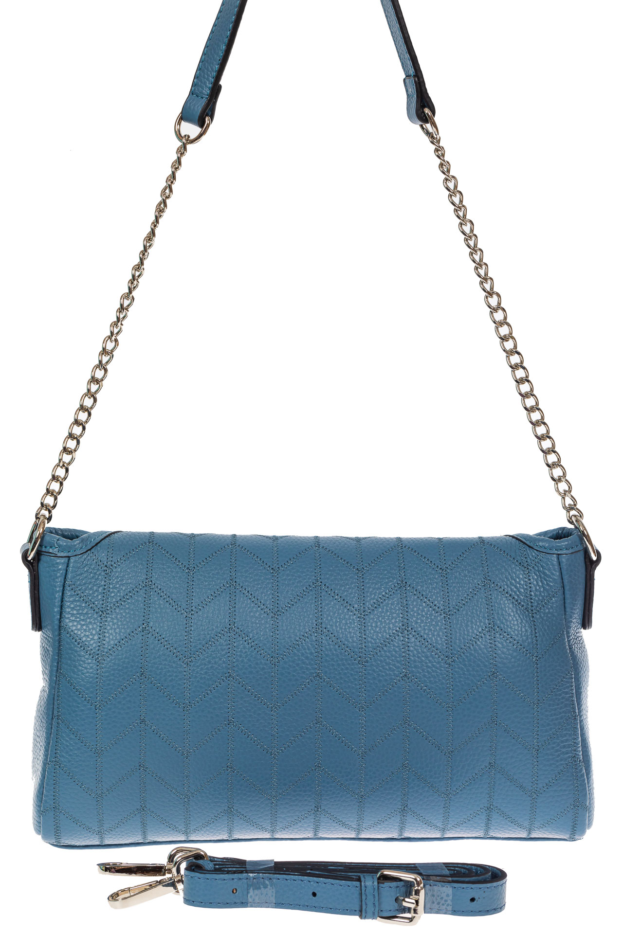 На фото 3 - Женская сумка багет из натуральной кожи с геометрической прострочкой, цвет голубой