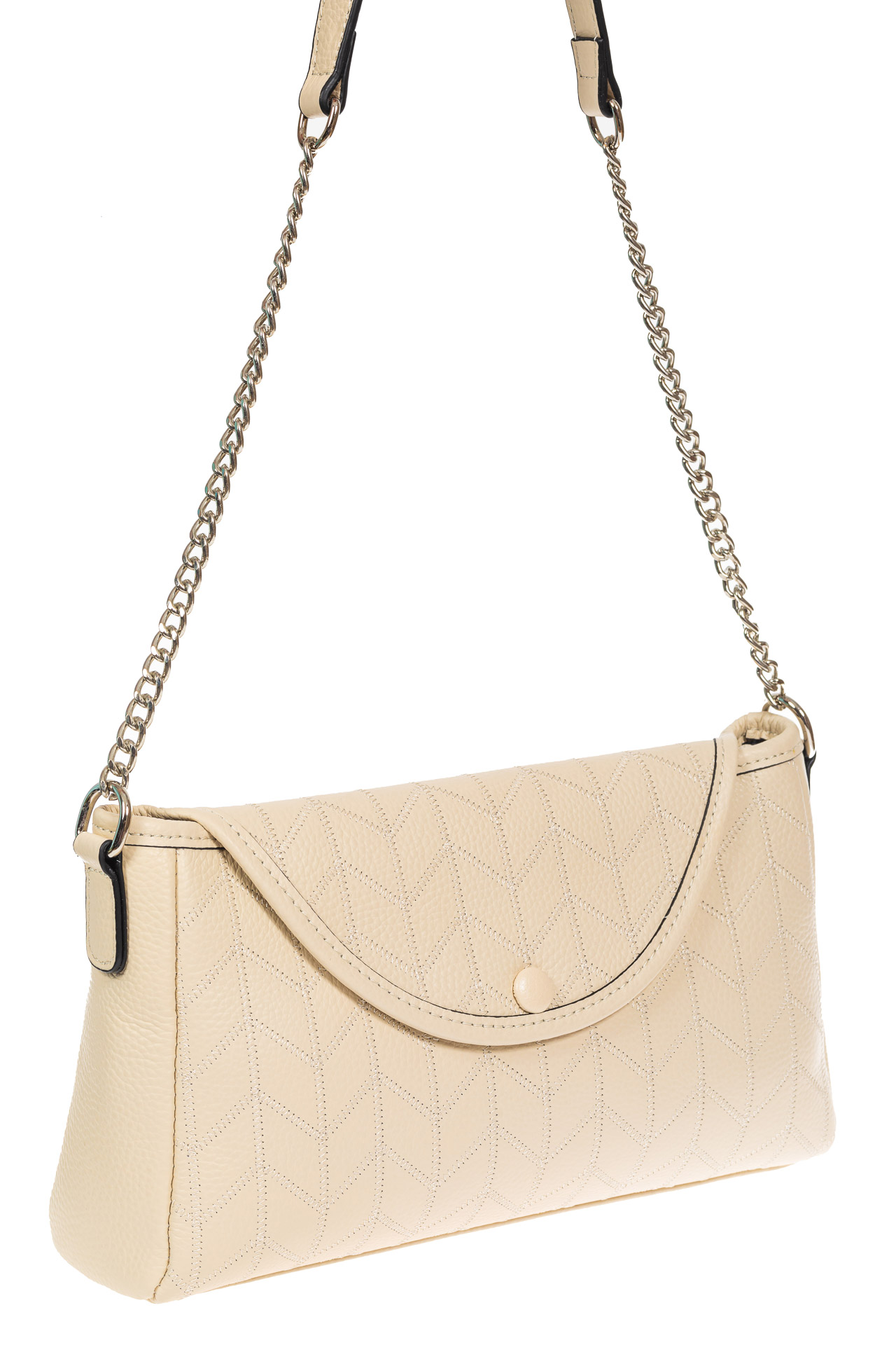 На фото 1 - Женская сумка багет из натуральной кожи с геометрической прострочкой, цвет молочный