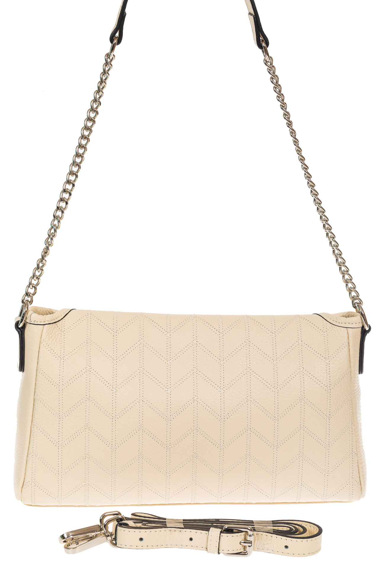 На фото 3 - Женская сумка багет из натуральной кожи с геометрической прострочкой, цвет молочный