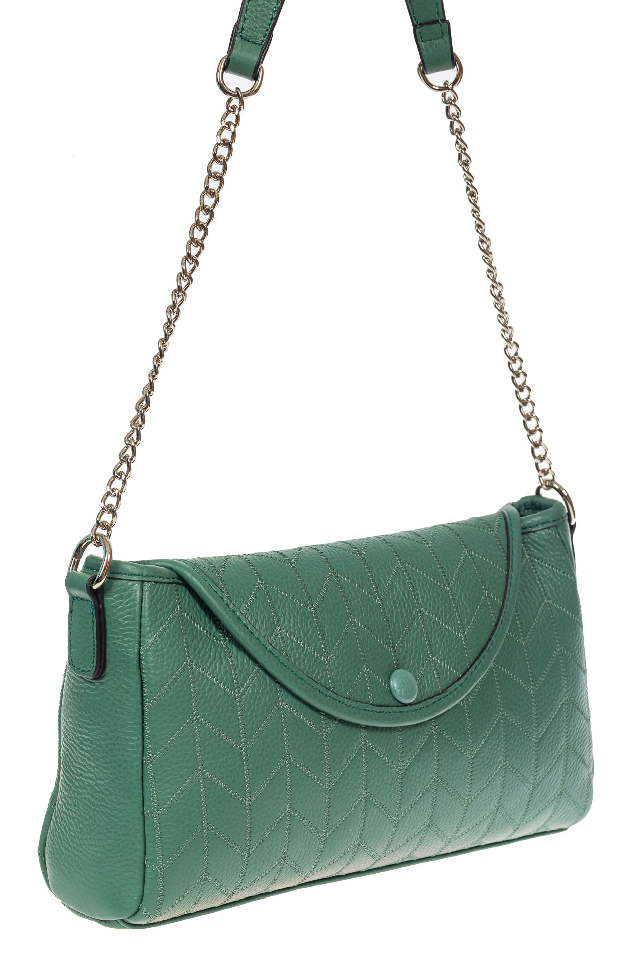 На фото 1 - Женская сумка багет из натуральной кожи с геометрической прострочкой, цвет зелёный