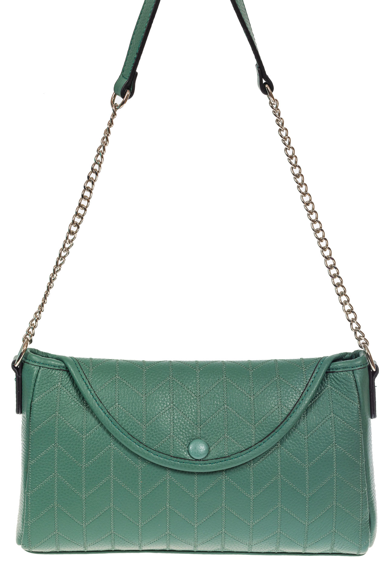 На фото 2 - Женская сумка багет из натуральной кожи с геометрической прострочкой, цвет зелёный