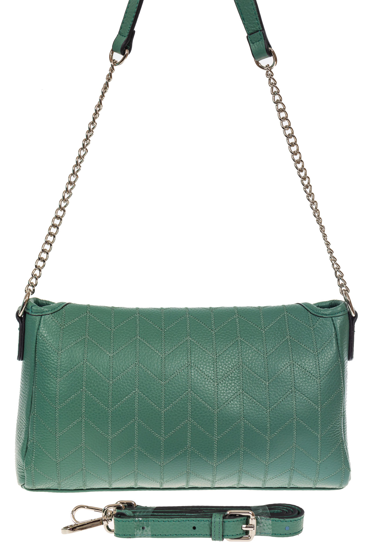 На фото 3 - Женская сумка багет из натуральной кожи с геометрической прострочкой, цвет зелёный