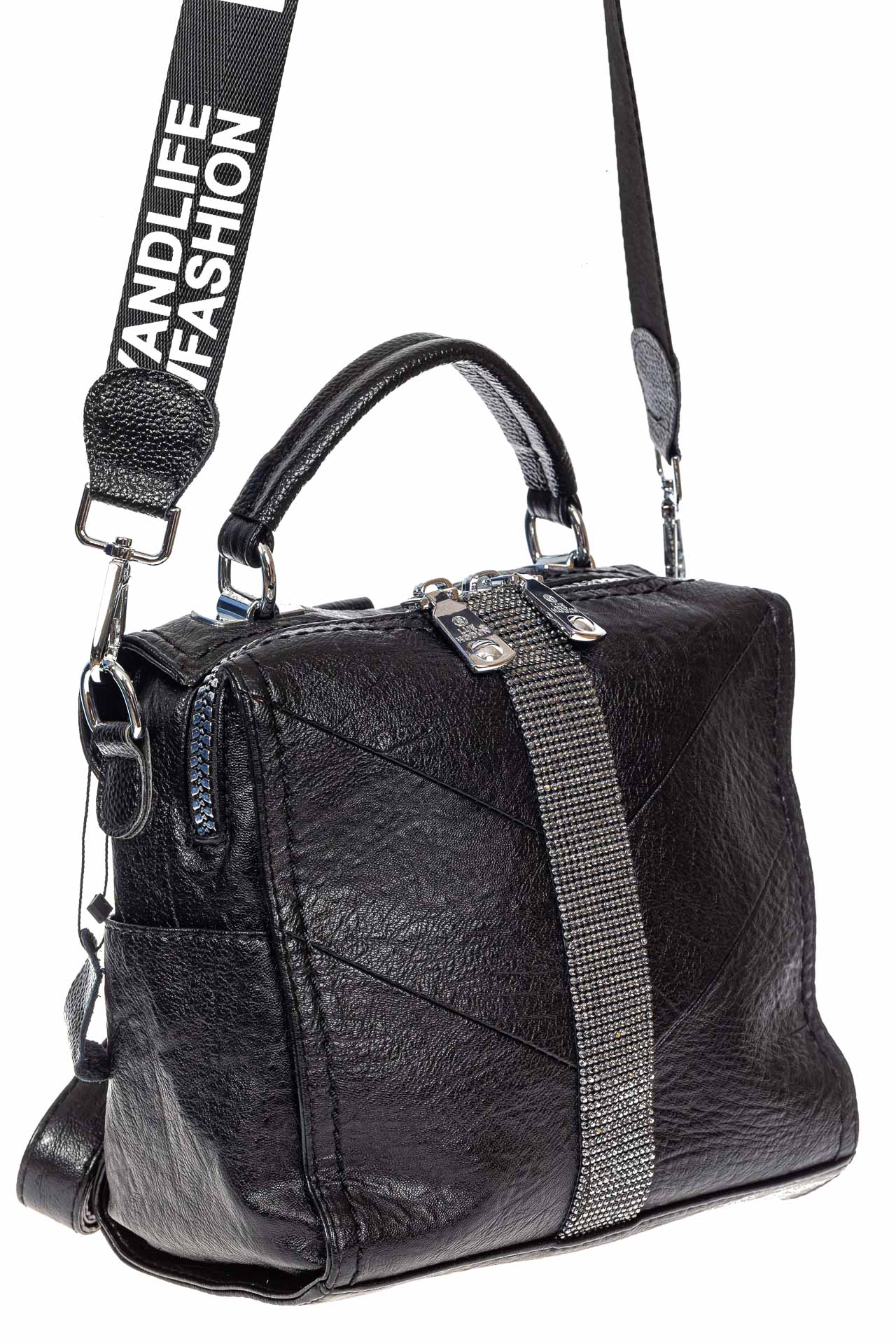 На фото 2 - Сумка-рюкзак из искусственной кожи со стразами, цвет чёрный