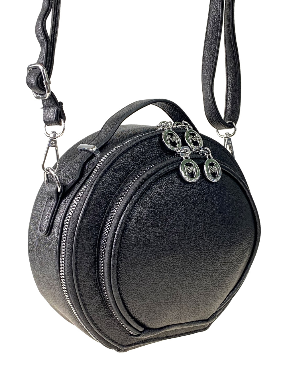 На фото 1 - Круглая женская сумка из экокожи, цвет чёрный