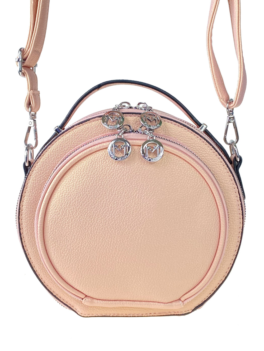 На фото 1 - Круглая женская сумка из экокожи, цвет пудровый