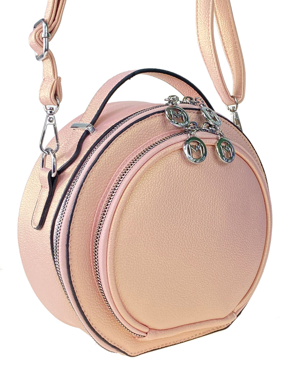 На фото 3 - Круглая женская сумка из экокожи, цвет пудровый