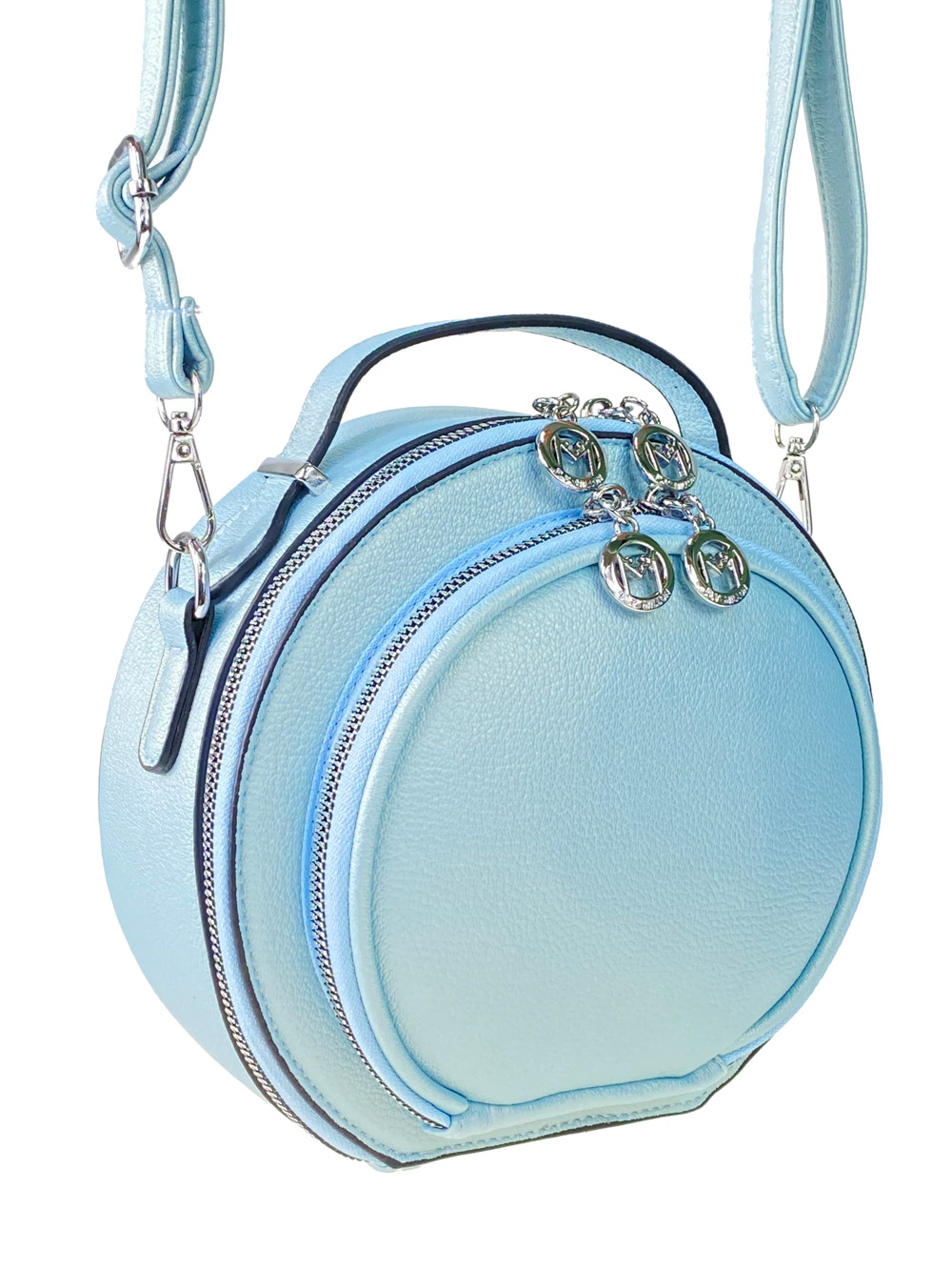 На фото 1 - Круглая женская сумка из экокожи, цвет нежно-голубой