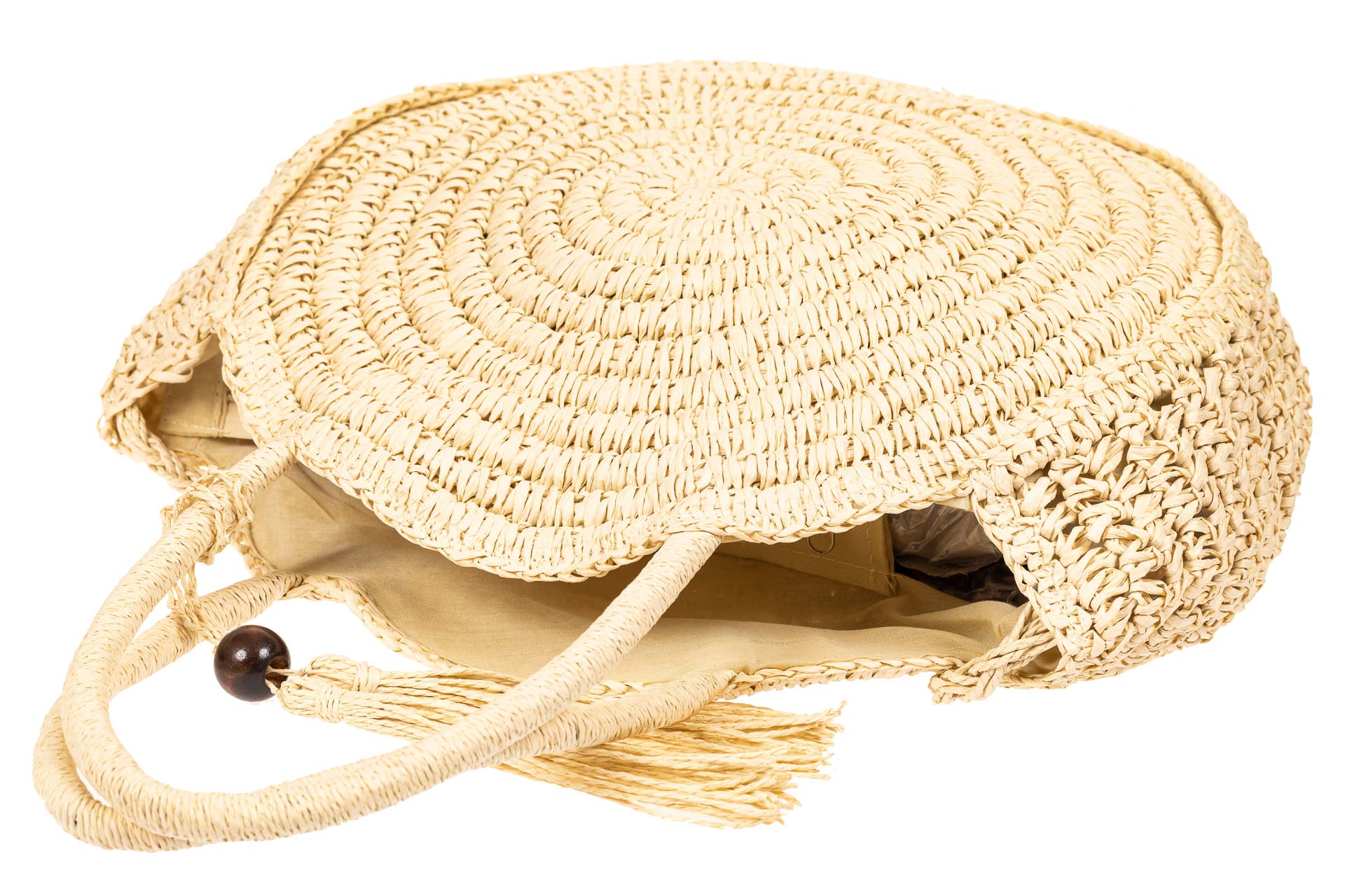 На фото 4 - Круглая сумка из соломки с декоративной кистью, цвет слоновой кости