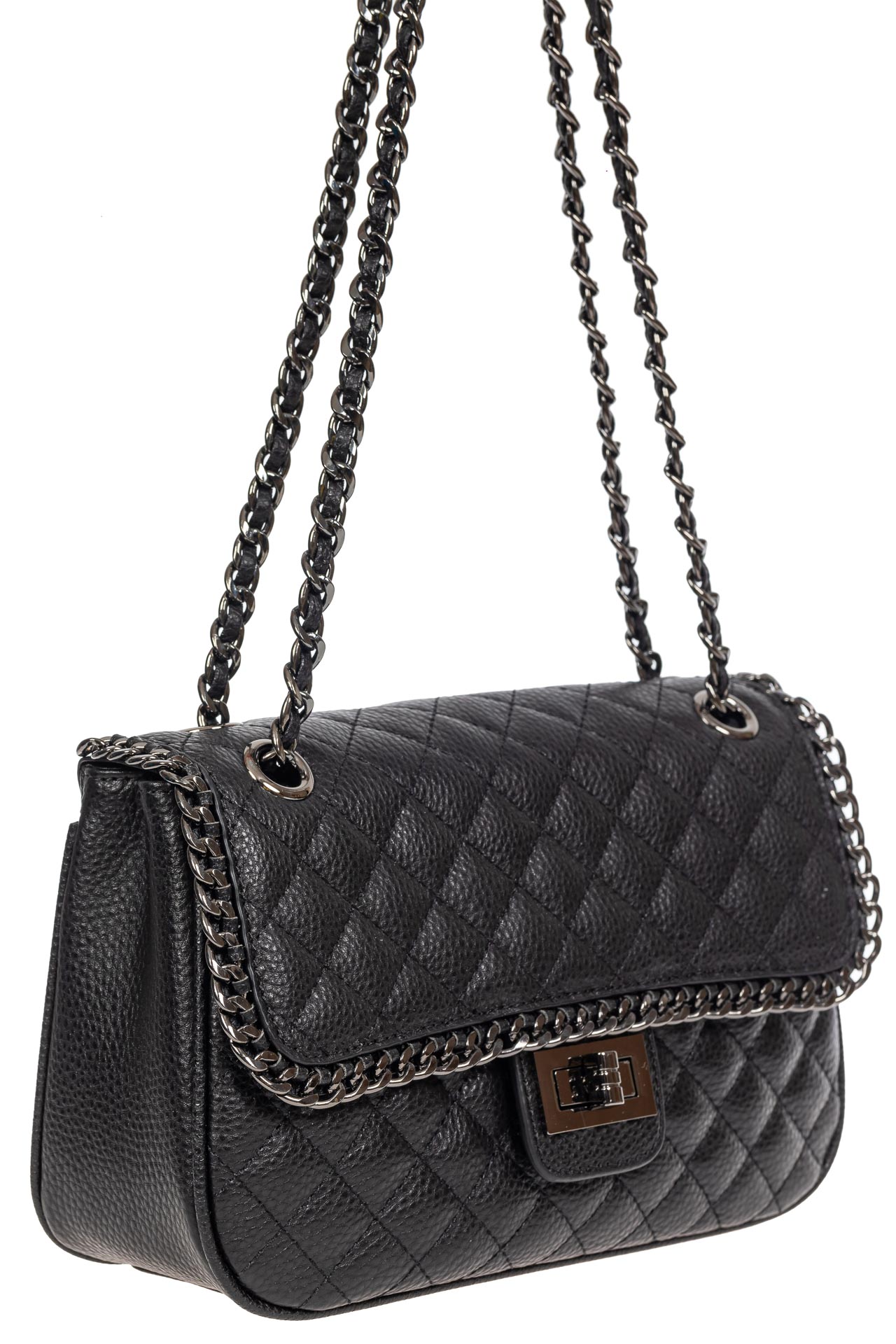 На фото 1 - Женская стёганая сумочка из натуральной кожи на цепочке, цвет чёрный