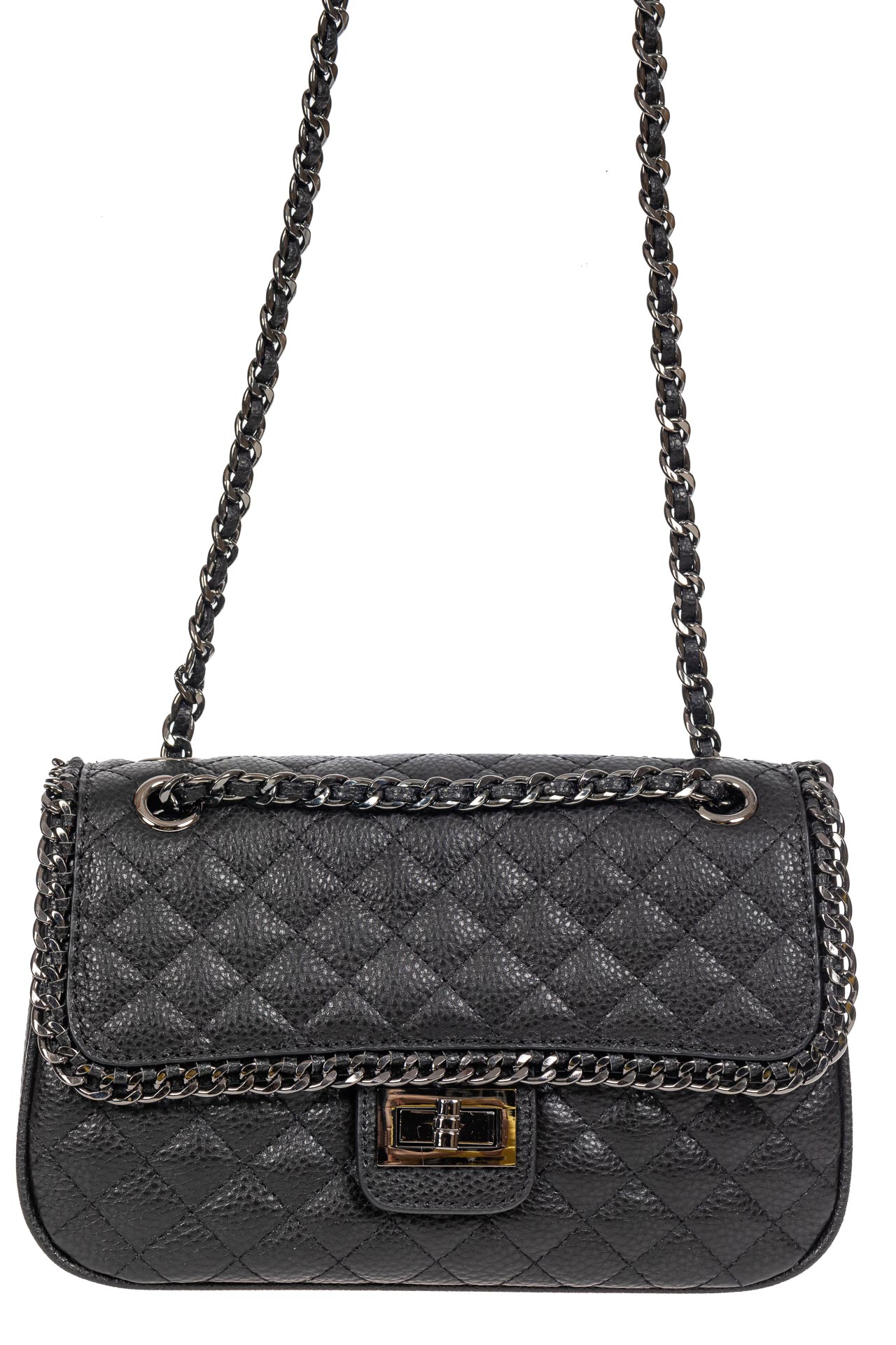 На фото 2 - Женская стёганая сумочка из натуральной кожи на цепочке, цвет чёрный