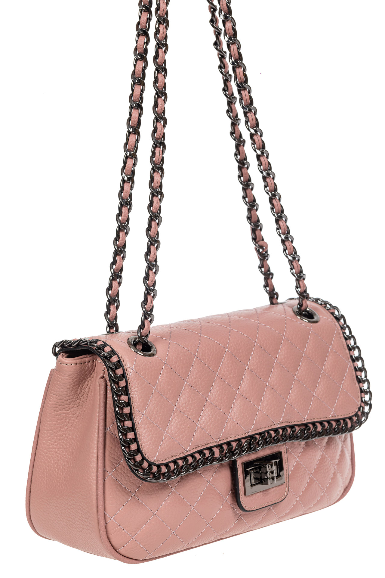 На фото 1 - Женская стёганая сумочка из натуральной кожи на цепочке, цвет пыльная роза