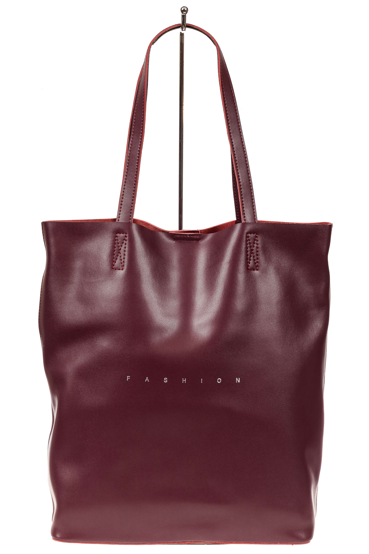 На фото 2 - Кожаная сумка шоппер, цвет бордовый
