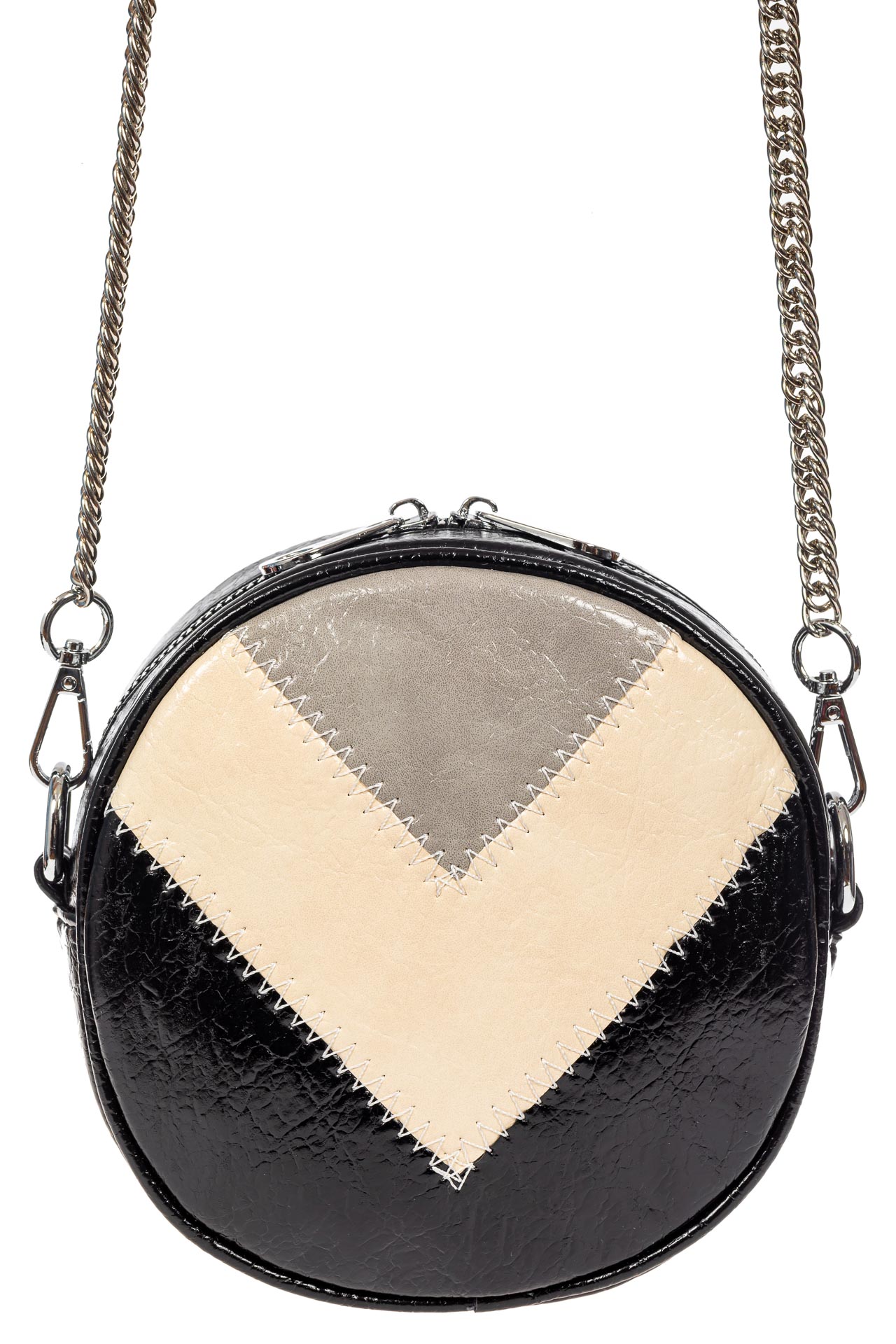 На фото 2 - Женская круглая сумка из экокожи, цвет черный с серым