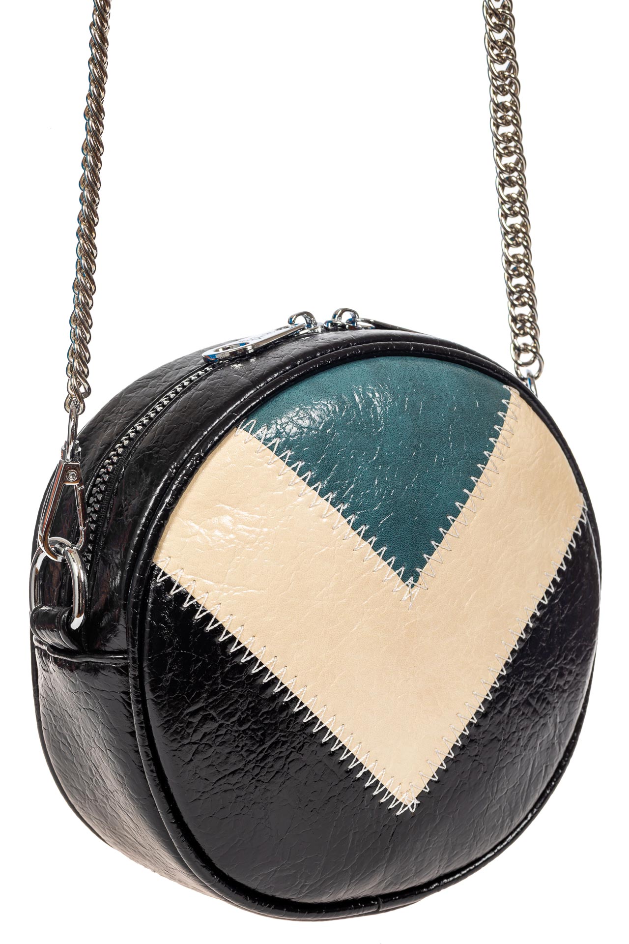 На фото 1 - Женская круглая сумка из экокожи, цвет черный с синим