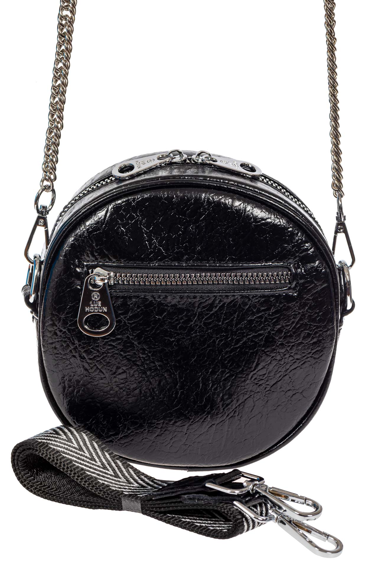На фото 3 - Женская круглая сумка из экокожи, цвет черный с синим