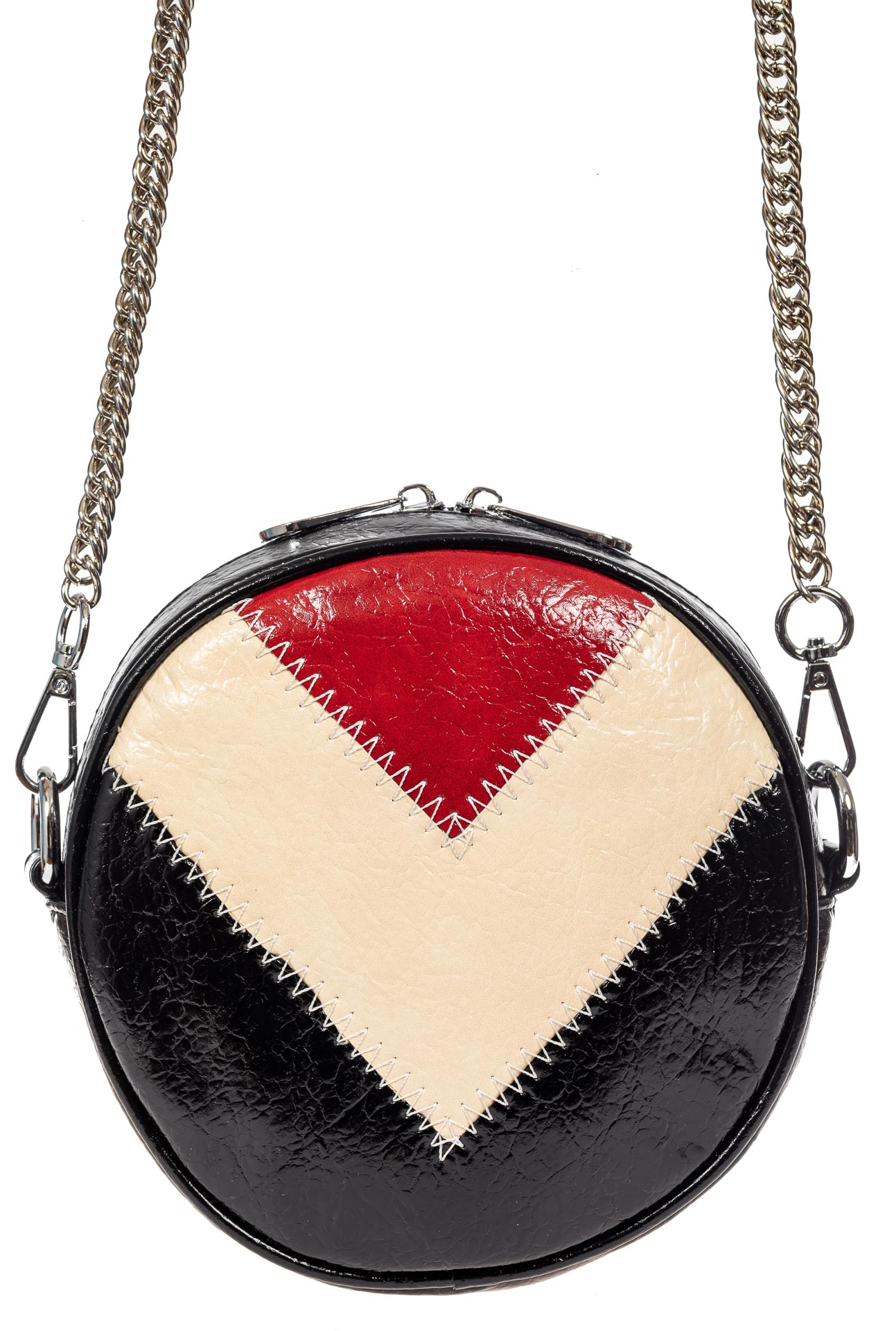 На фото 2 - Женская круглая сумка из экокожи, цвет черный с красным