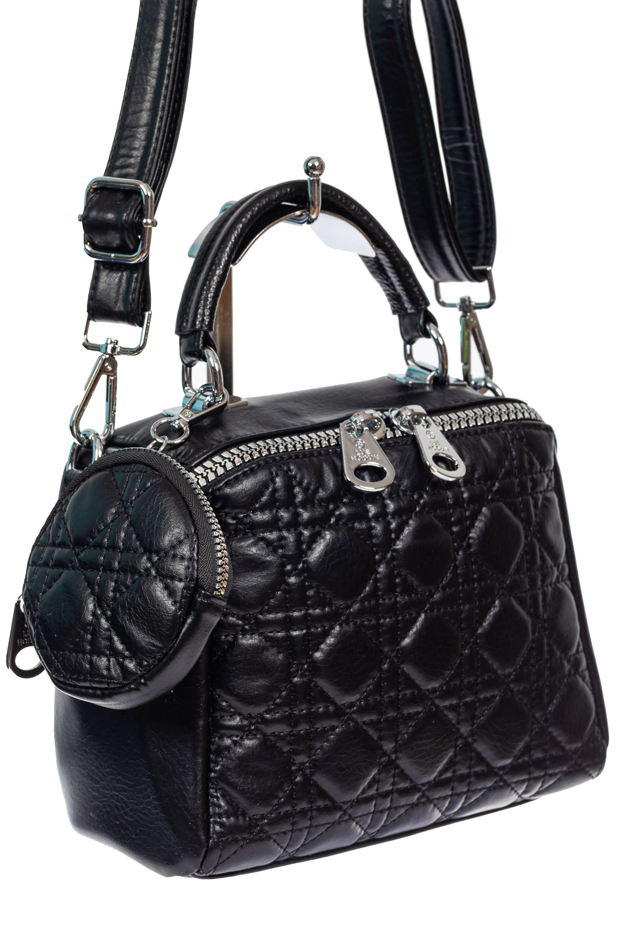 На фото 1 - Стёганая женская сумка из экокожи с круглой косметичкой, цвет чёрный