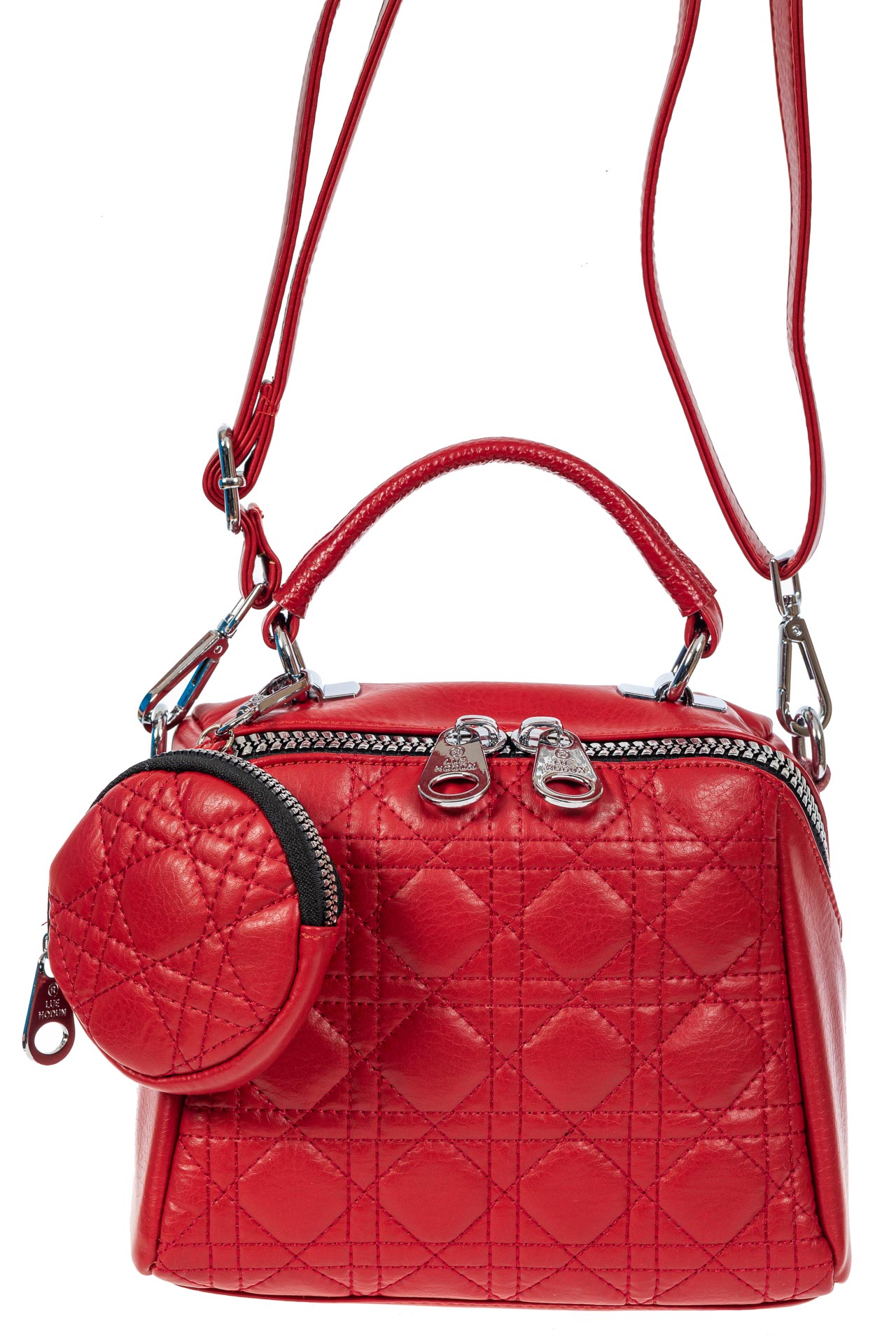 На фото 2 - Стёганая женская сумка из экокожи с круглой косметичкой, цвет красный