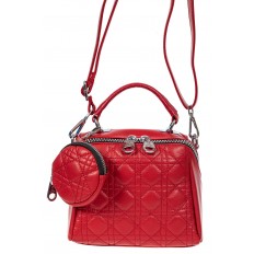 На фото 2 - Стёганая женская сумка из экокожи с круглой косметичкой, цвет красный