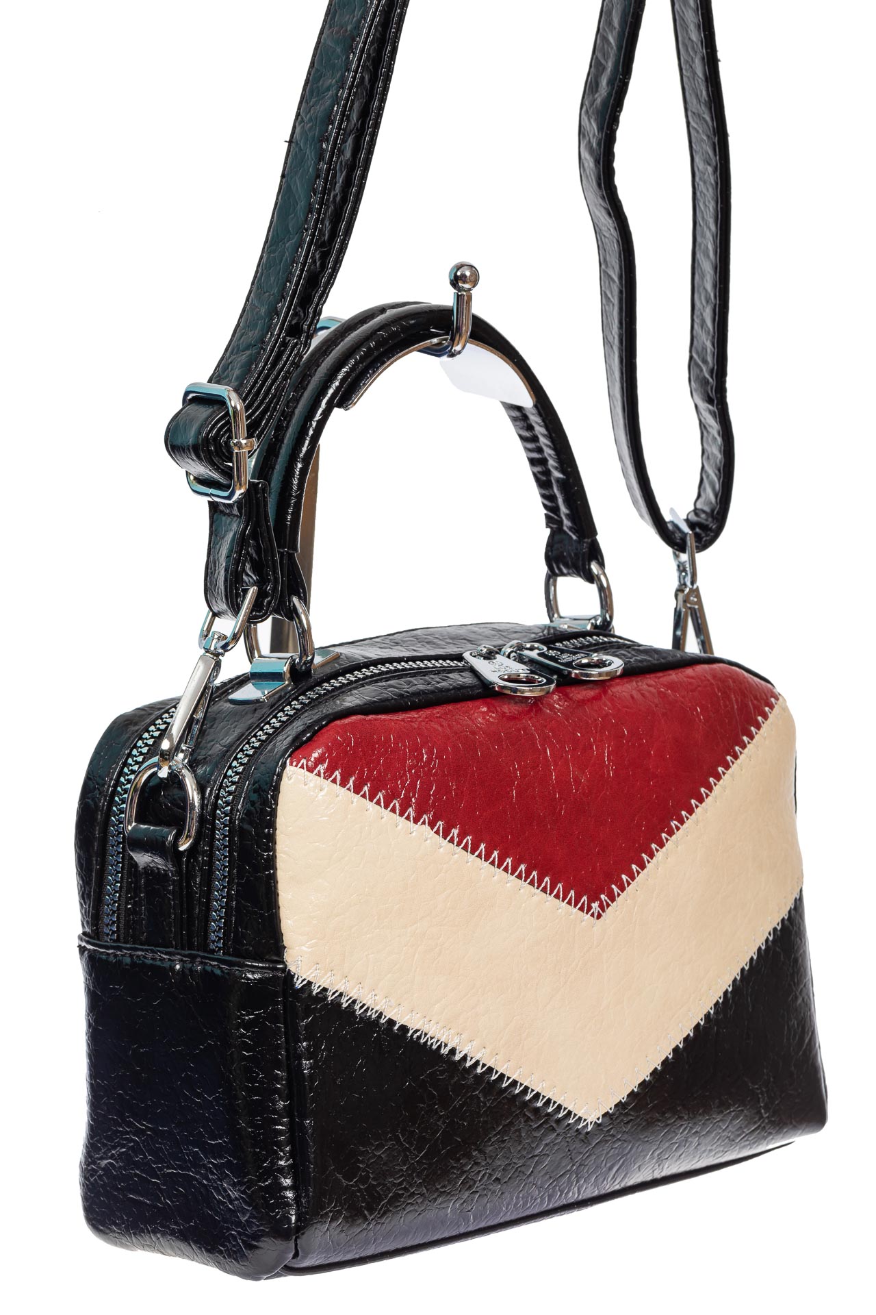На фото 1 - Женская сумка кросс-боди из искусственной кожи, цвет чёрный с красным и молочным