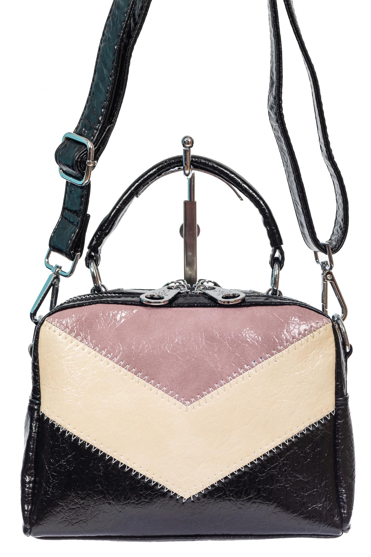 На фото 2 - Женская сумка кросс-боди из искусственной кожи, цвет чёрный с розовым и молочным