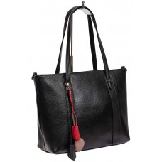 На фото 1 - Кожаная женская сумка тоут с разноцветными подвесками, чёрная