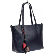 На фото 1 - Кожаная женская сумка тоут с разноцветными подвесками, тёмно-синяя