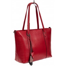 На фото 1 - Кожаная женская сумка тоут с разноцветными подвесками, красная