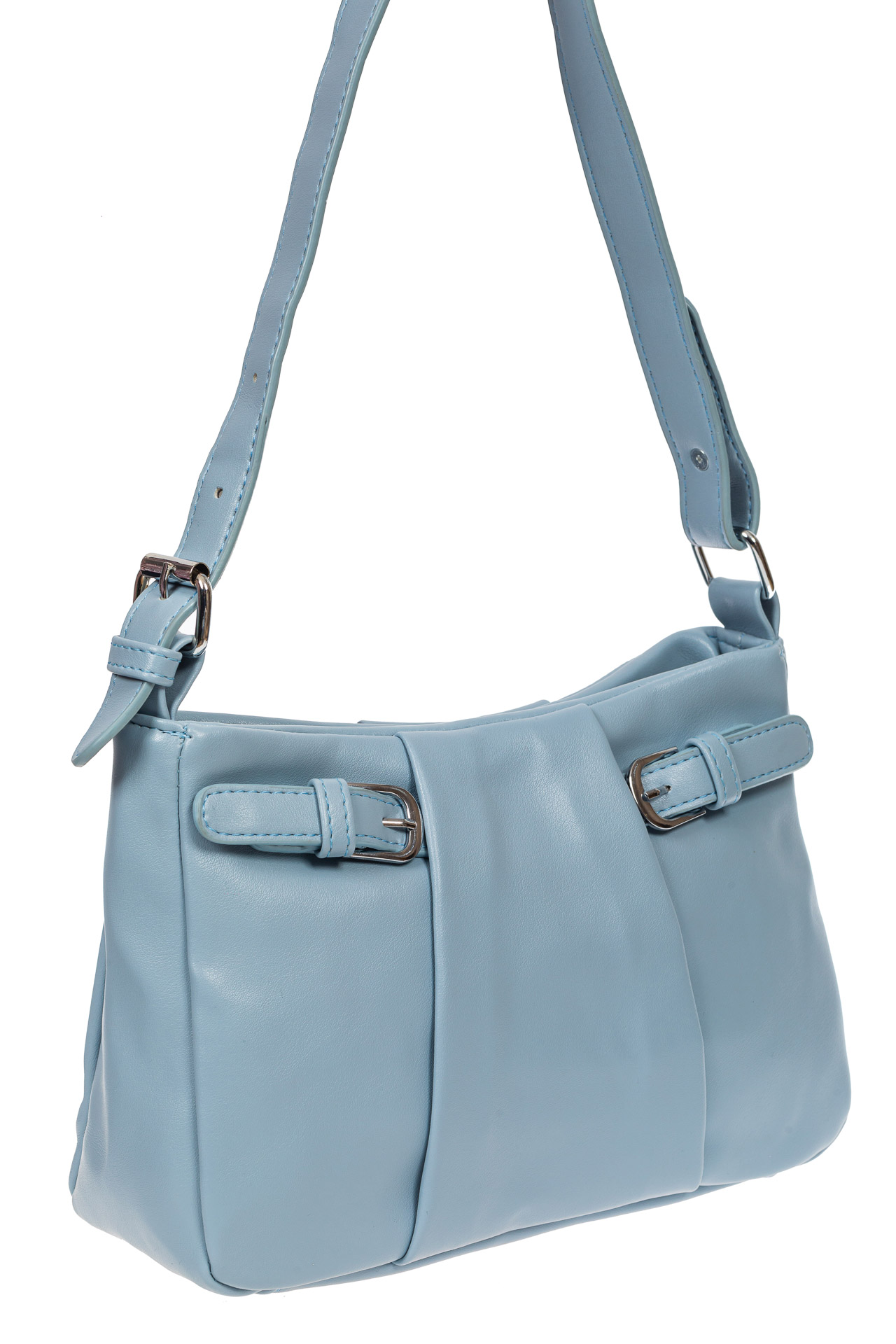 На фото 1 - Летняя женская сумка из мягкой искусственной кожи, цвет светло-голубой