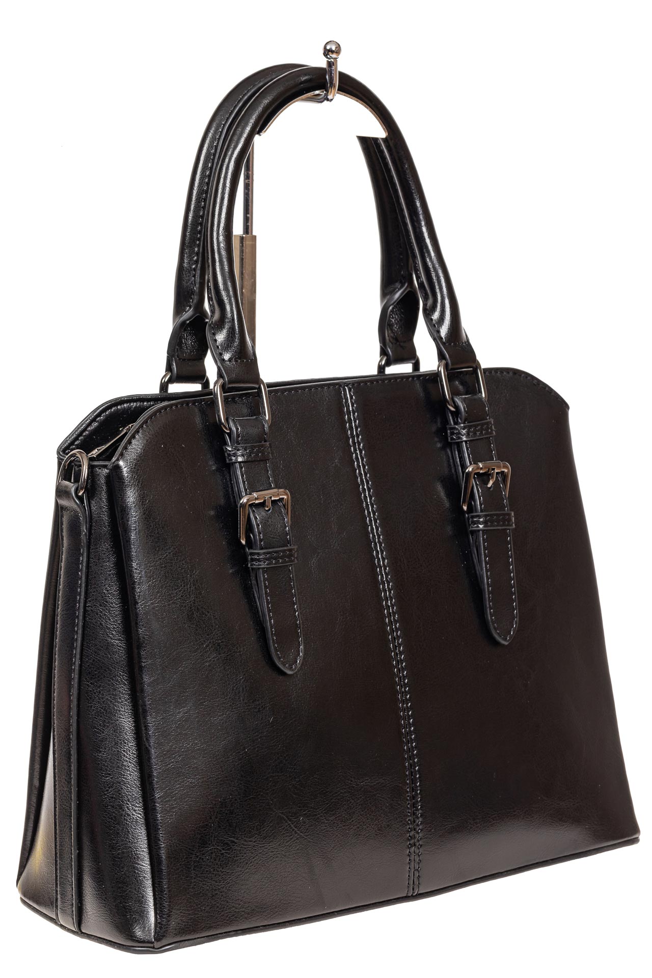 На фото 1 - Каркасная женская сумка из натуральной кожи, цвет чёрный