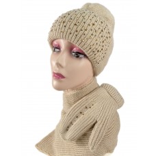 На фото 1 - Комплект шапка женская, шарф и варежки, цвет бежевый