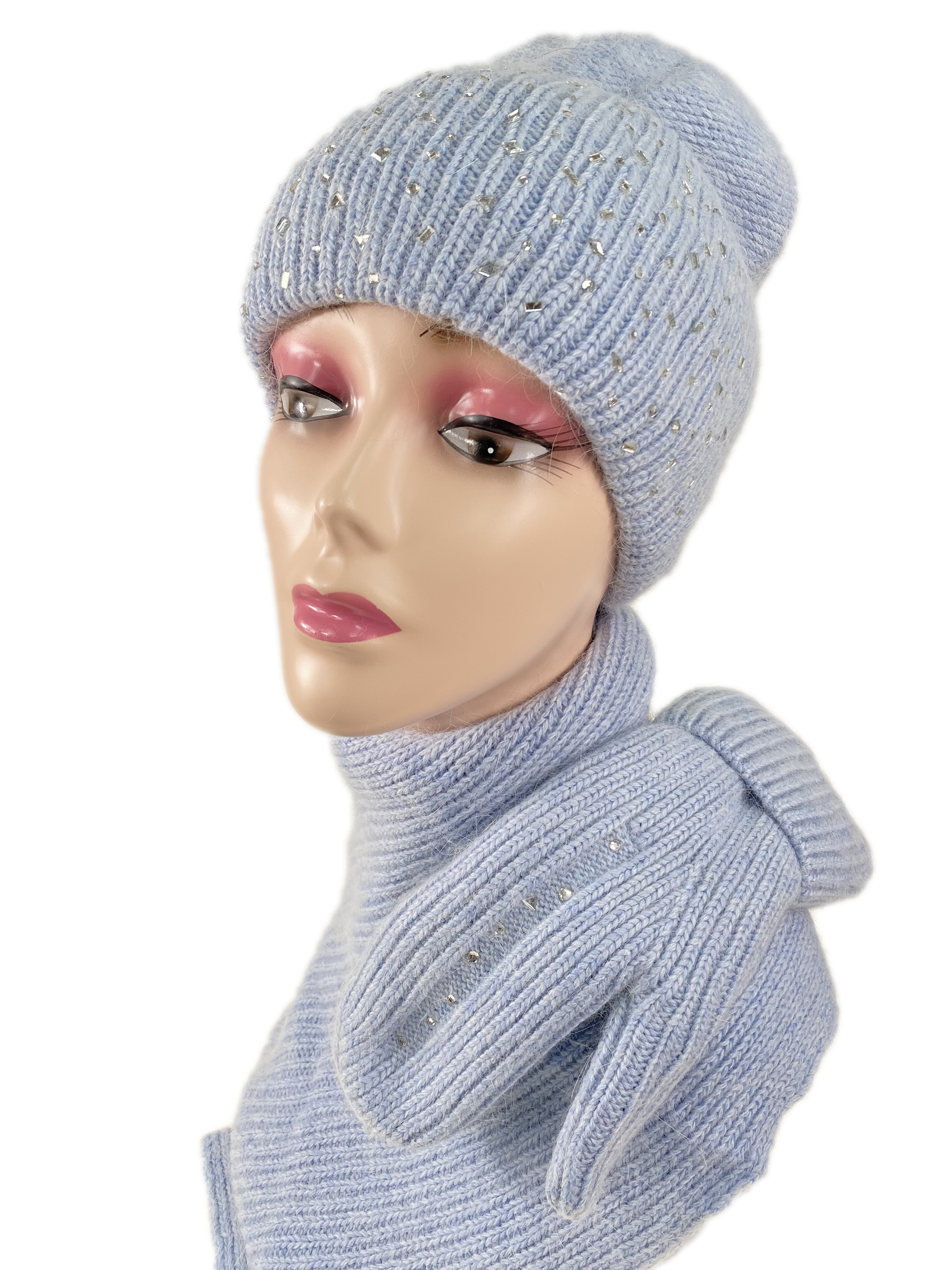 Комплект шапка женская, шарф и варежки, цвет голубой